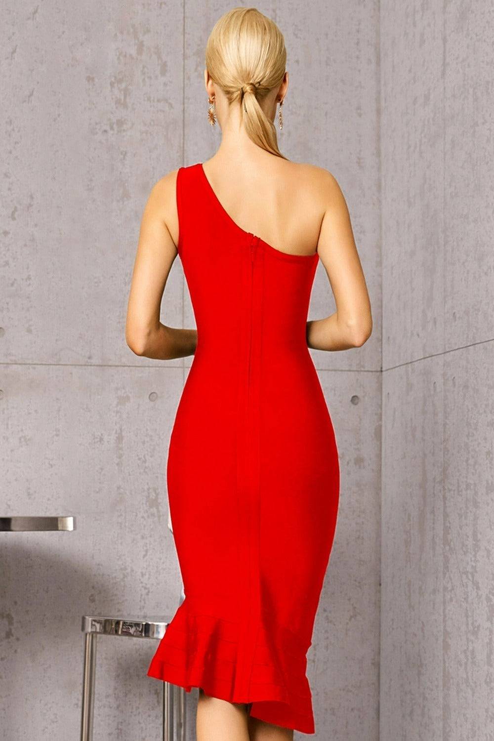 Midnight In London Red Off Shoulder Ruffle Bodycon Midi Dress - TGC Boutique - Bodycon Dress