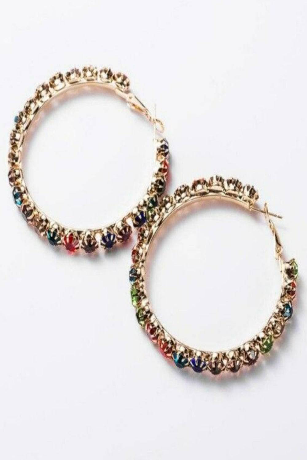 Multicolor Rainbow Rhinestone Round Big Hoop Earrings - TGC Boutique - Hoop Earrings