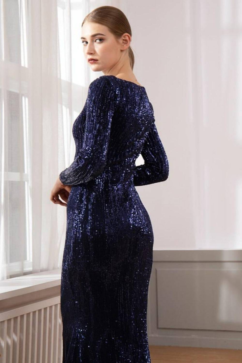 Navy Blue Long Sleeve Elastic Sequins Mermaid Maxi Dress - TGC Boutique - Evening Gown