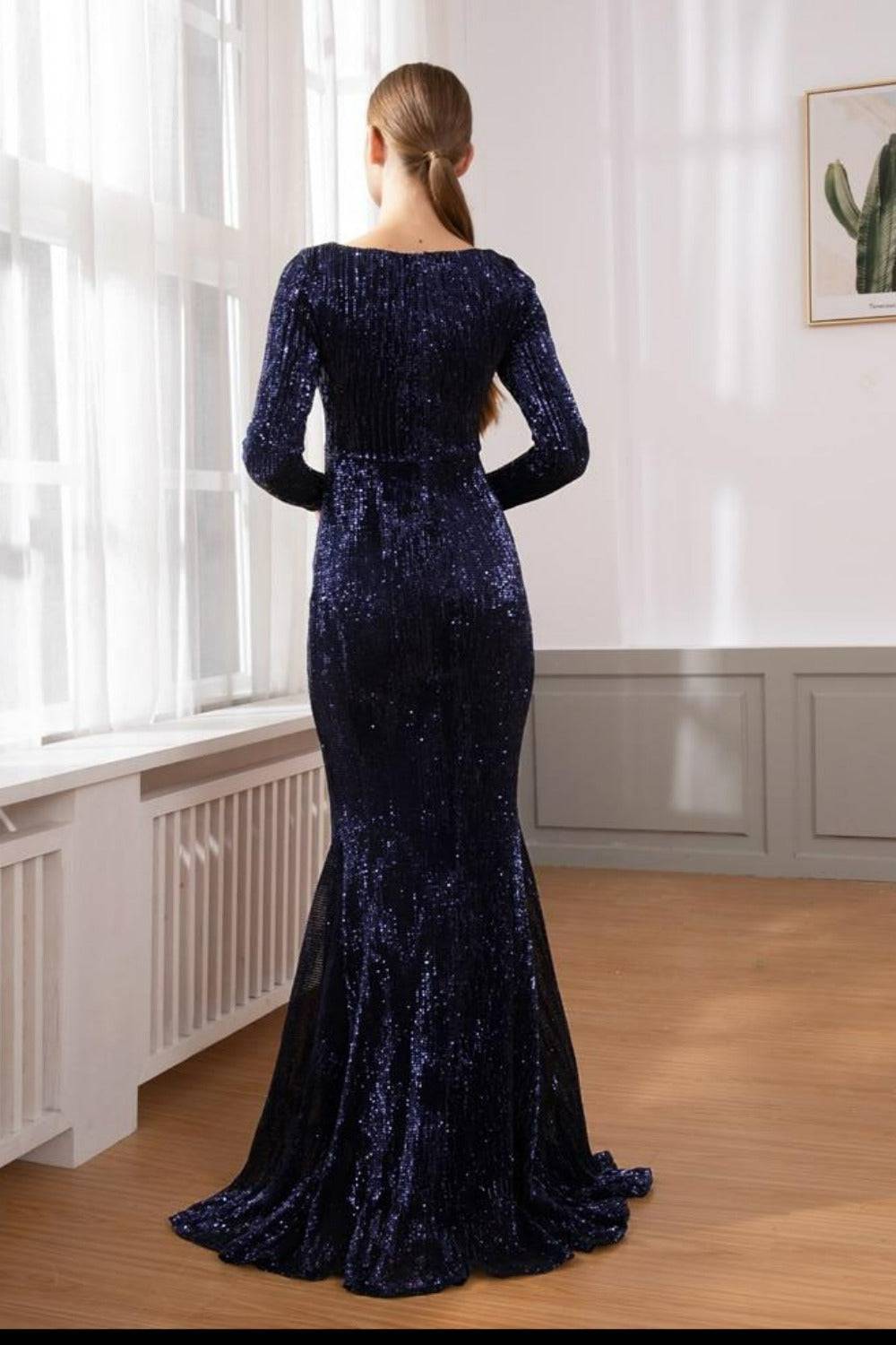 Navy Blue Long Sleeve Elastic Sequins Mermaid Maxi Dress - TGC Boutique - Evening Gown