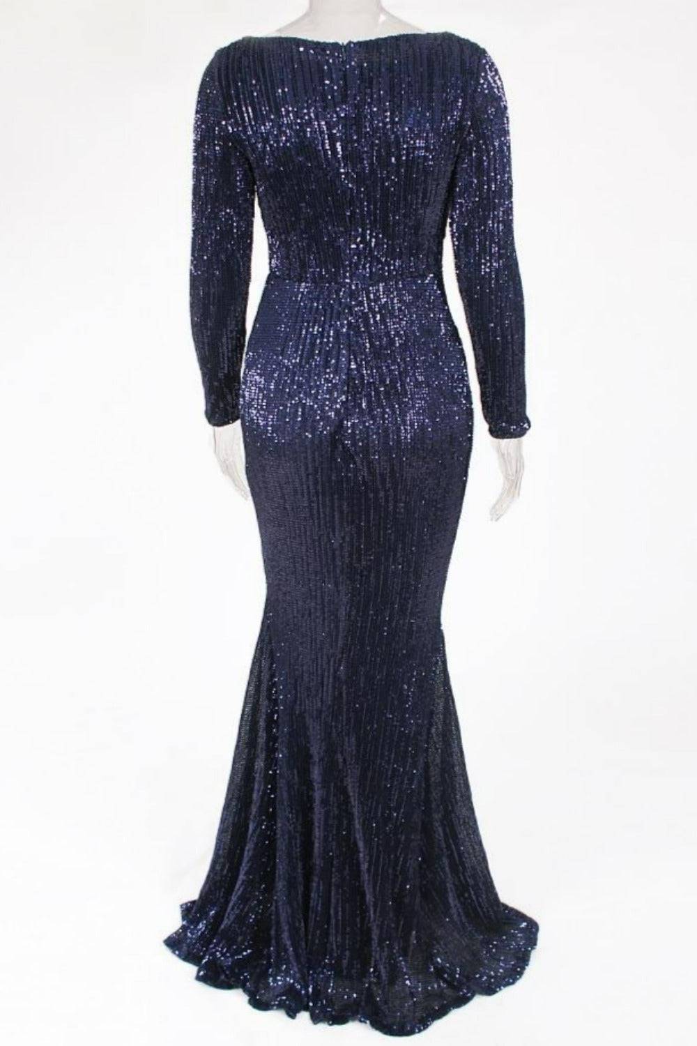 Navy Blue Long Sleeve Elastic Sequins Mermaid Maxi Dress - TGC Boutique - Evening Gown