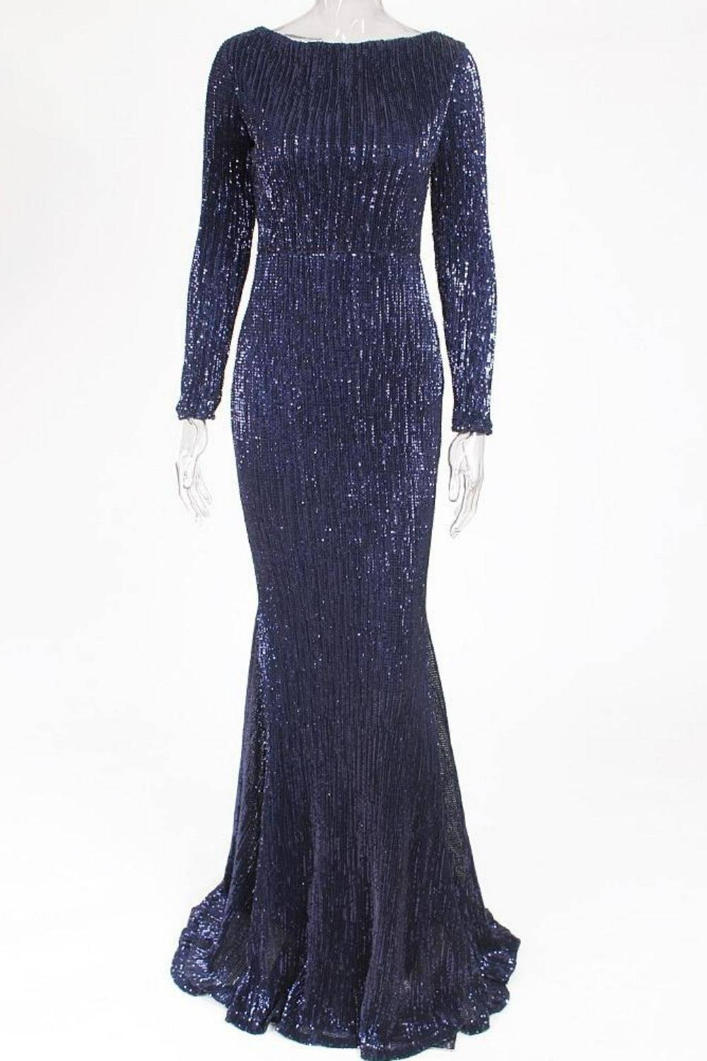Navy Blue Long Sleeve Elastic Sequins Mermaid Maxi Dress - TGC Boutique - Evening Gown