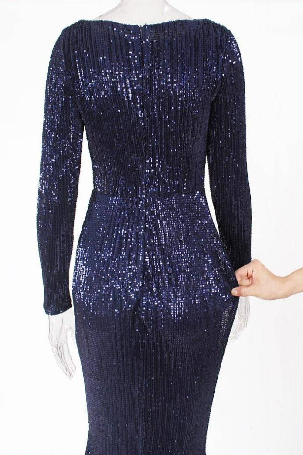Navy Blue Long Sleeve Elastic Sequins Mermaid Maxi Dress - TGC Boutique - Evening Gown