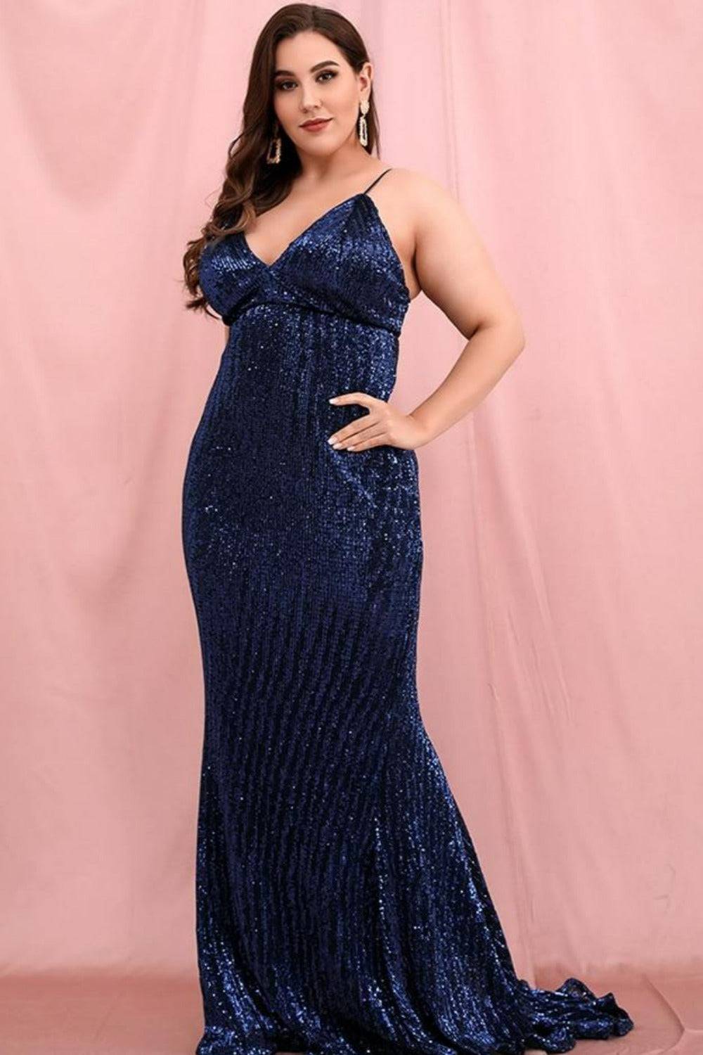Navy Blue Open Back Sequin Dress - TGC Boutique - Plus Size Dress