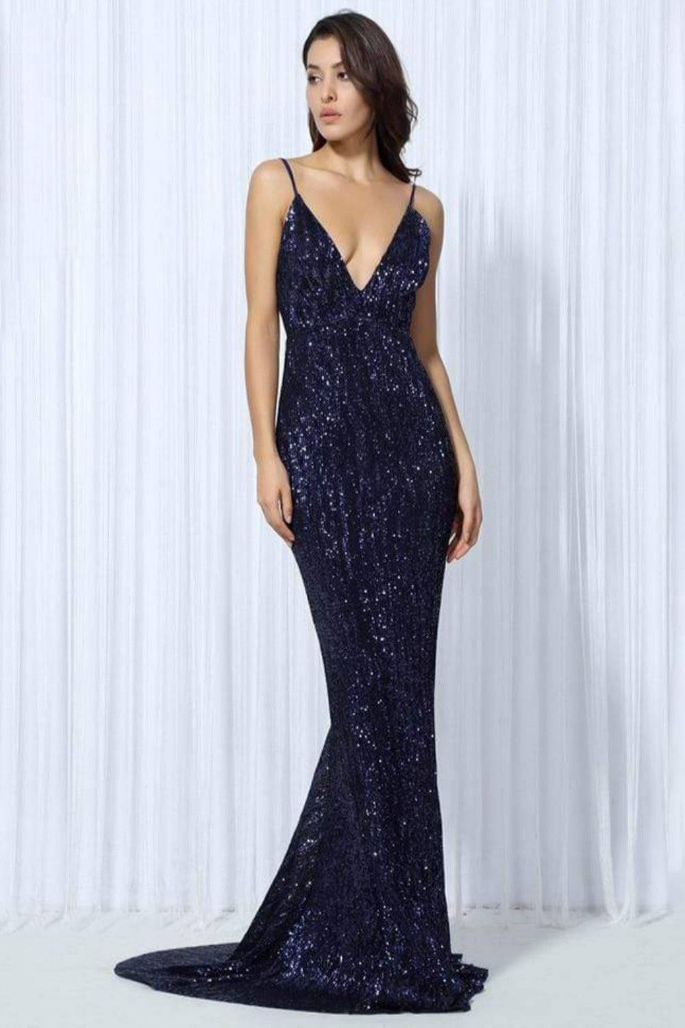 Navy Blue Sequin Backless Dress - TGC Boutique - Evening Gown