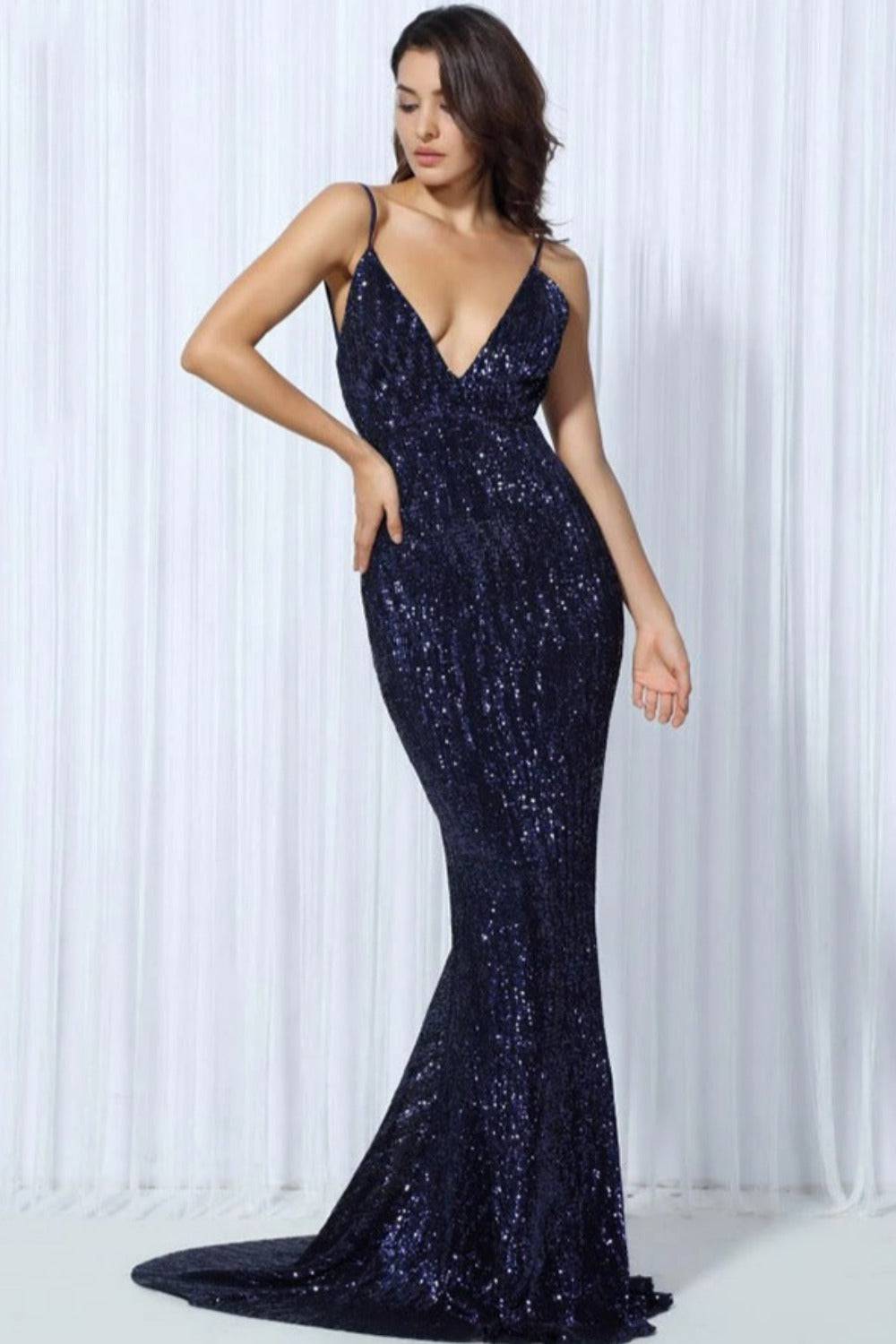 Navy Blue Sequin Backless Dress - TGC Boutique - Evening Gown