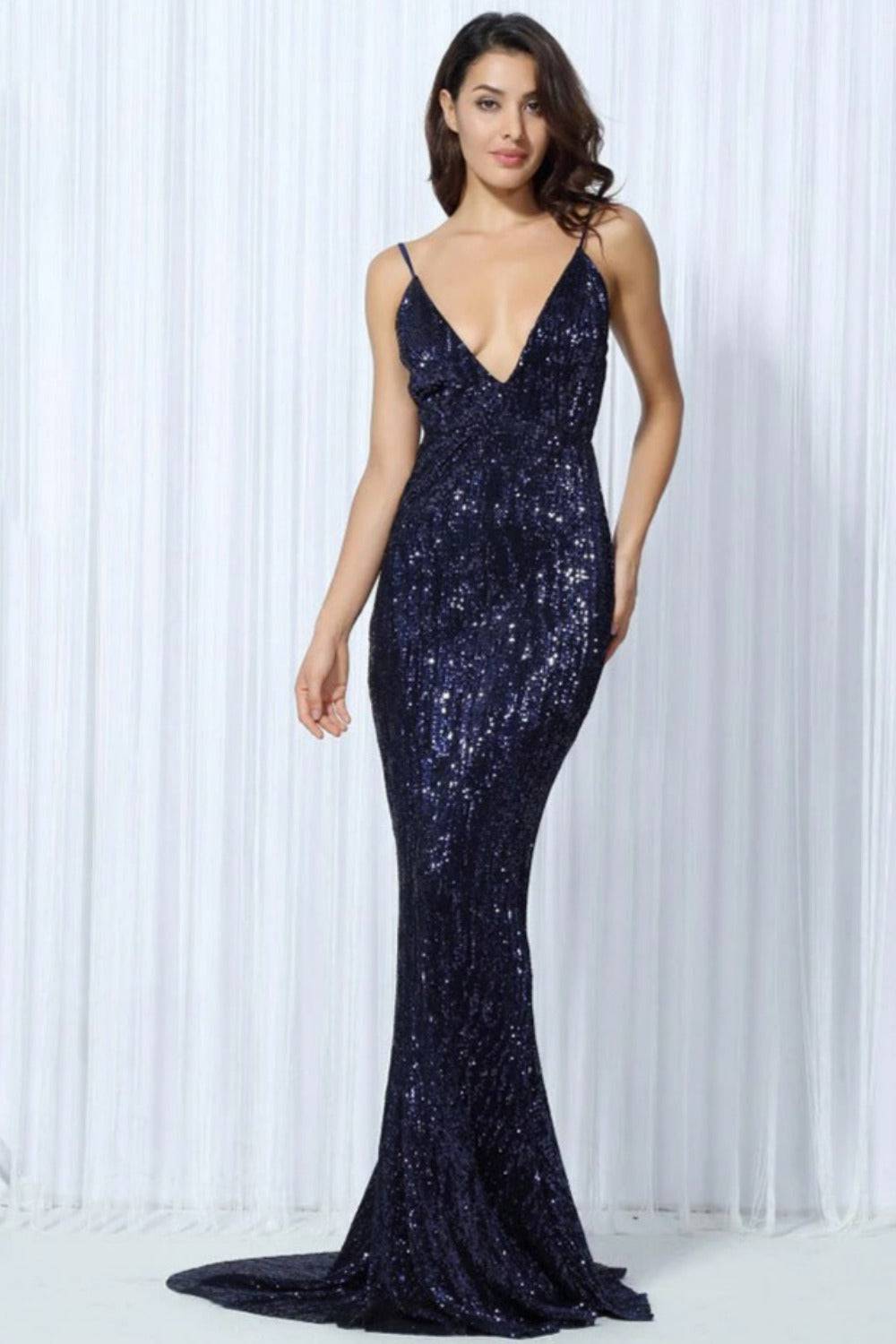Navy Blue Sequin Backless Dress - TGC Boutique - Evening Gown