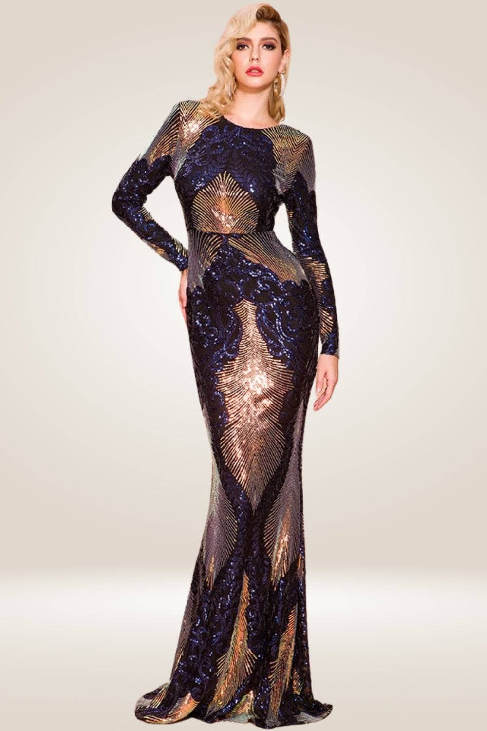 Navy Blue Sequin Long Sleeve Maxi Dress - TGC Boutique - maxi dress