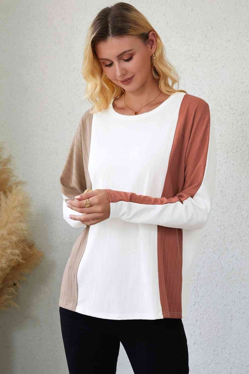 Neutral Tones Long Sleeve Pleated Blouse - TGC Boutique - Tops Blouses & T Shirts