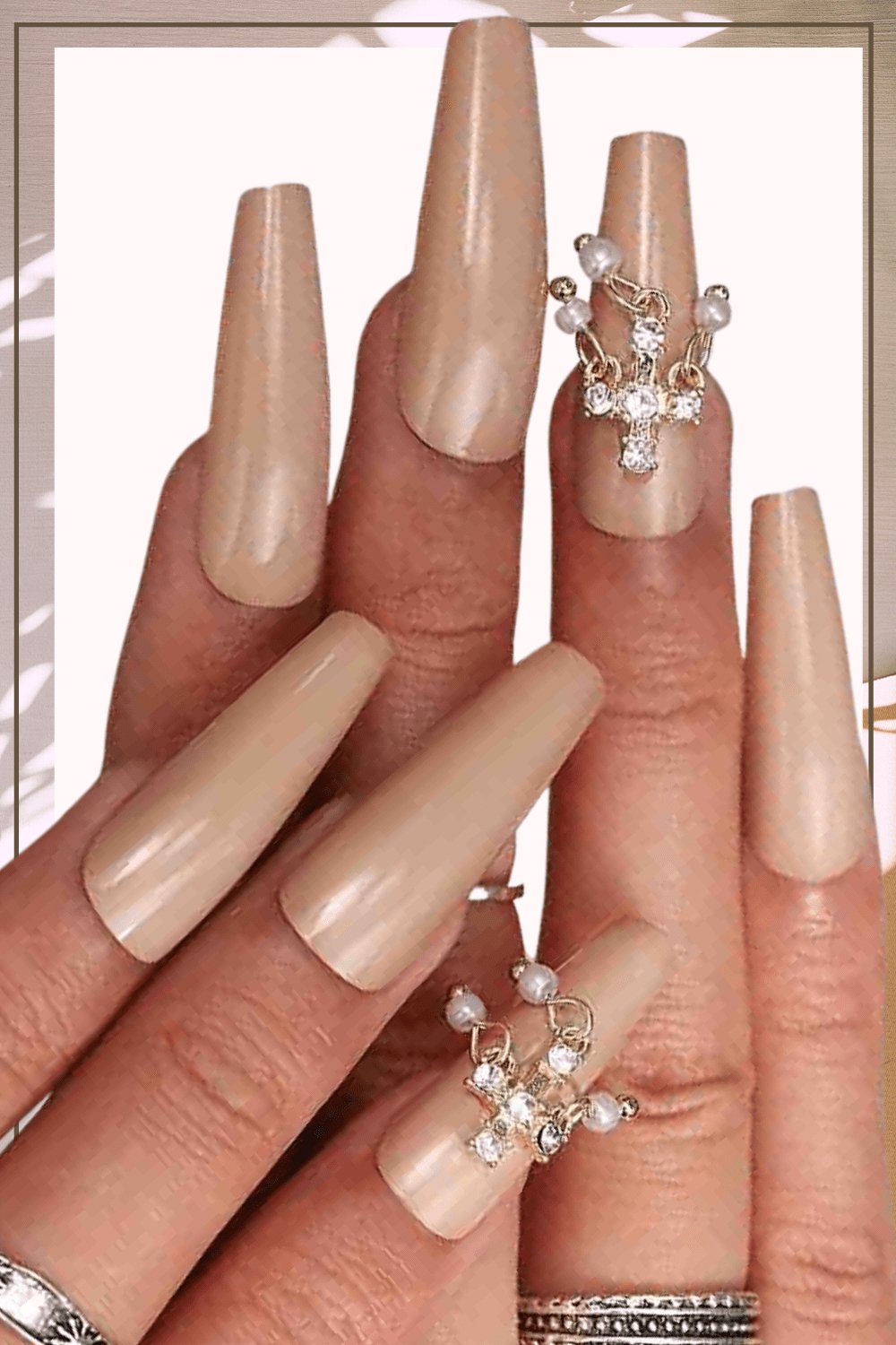 Nude Press On Nails Coffin Tip Pearl Nails Kit - TGC Boutique - Press On Nails