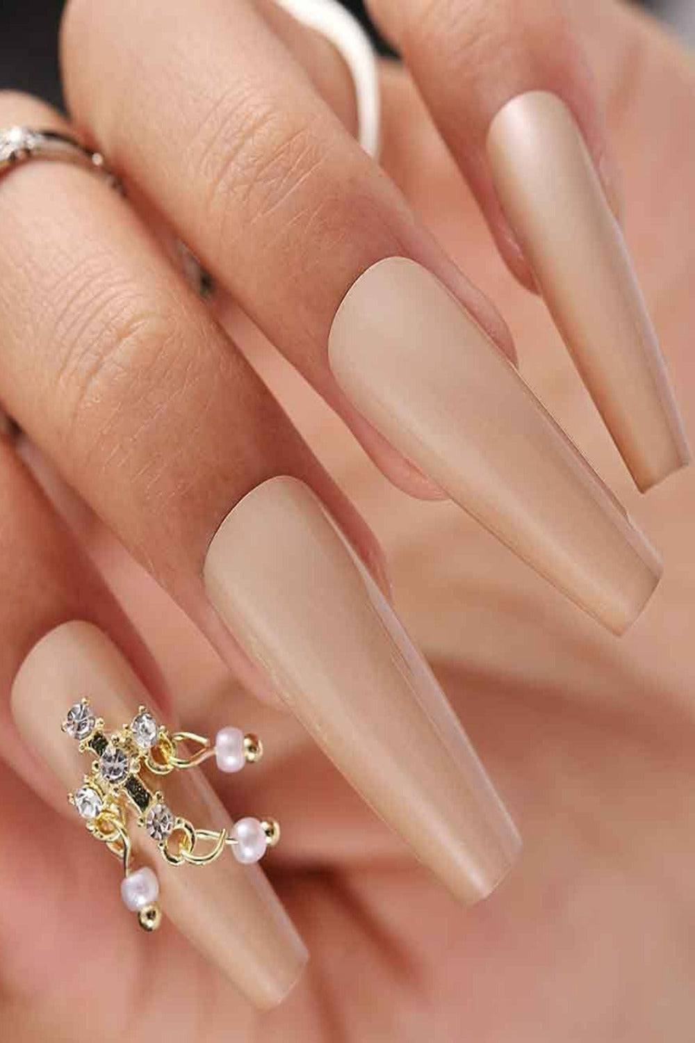 Nude Press On Nails Coffin Tip Pearl Nails Kit - TGC Boutique - Press On Nails