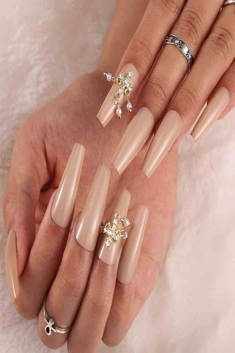 Nude Press On Nails Coffin Tip Pearl Nails Kit - TGC Boutique - Press On Nails