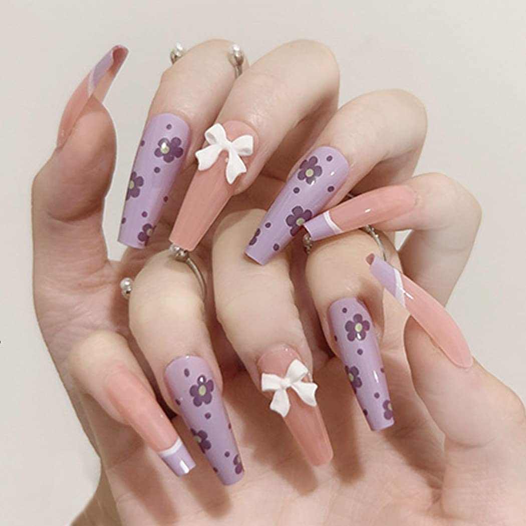 Nude Press On Nails Purple French Glossy Flower Coffin Polka Dot Nail Kit - TGC Boutique - Press On Nails