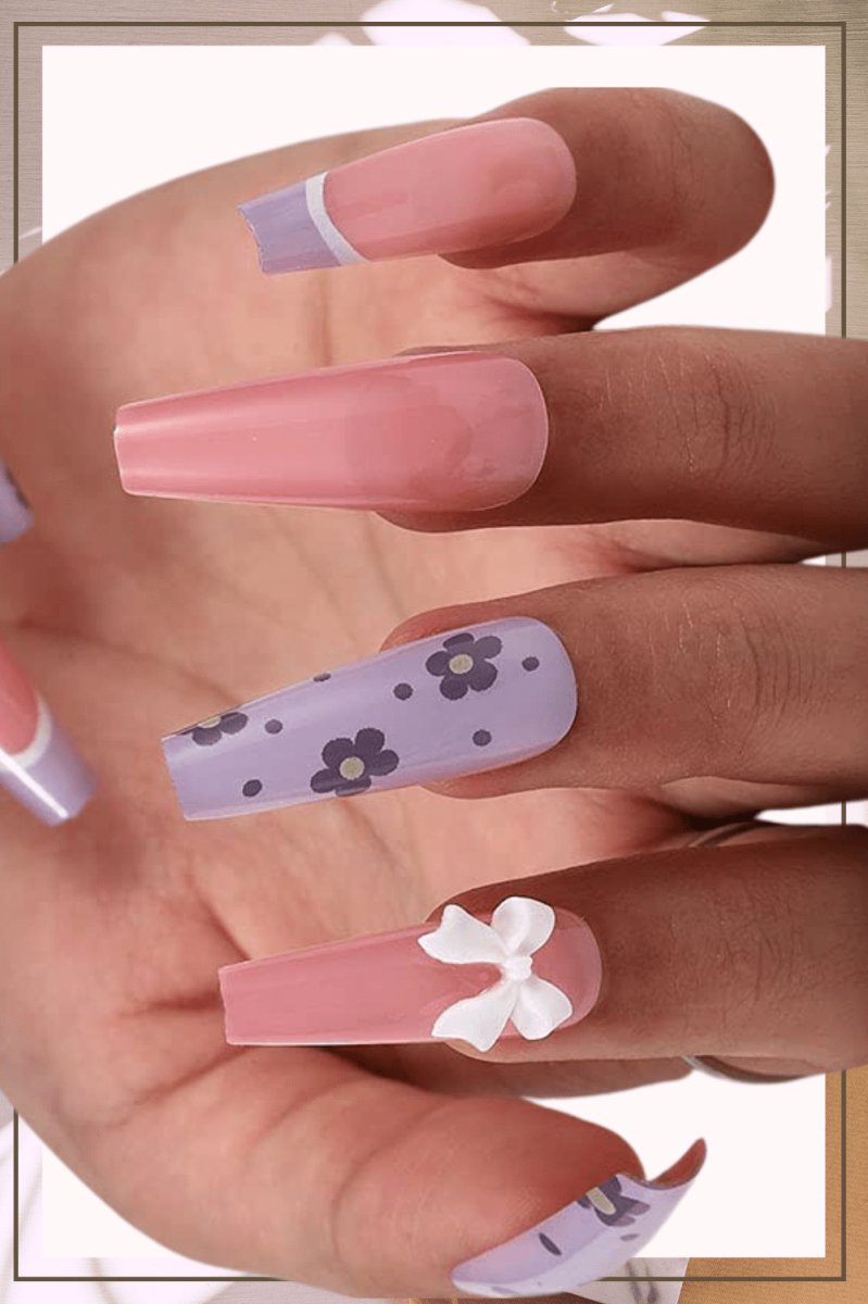 Nude Press On Nails Purple French Glossy Flower Coffin Polka Dot Nail Kit - TGC Boutique - Press On Nails