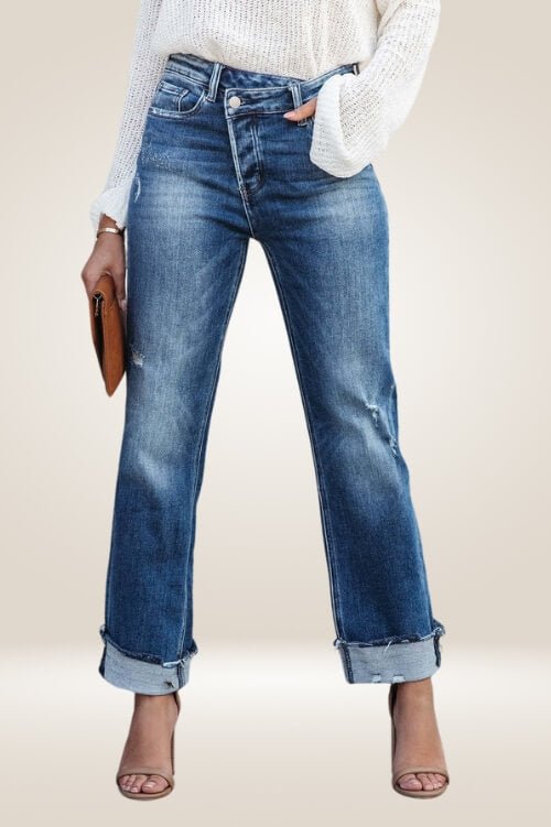 Off Side Button High Waisted Distressed Jeans - Ankle Cuff Denim - TGC Boutique - Jeans