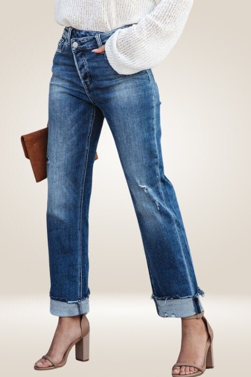 Off Side Button High Waisted Distressed Jeans - Ankle Cuff Denim - TGC Boutique - Jeans