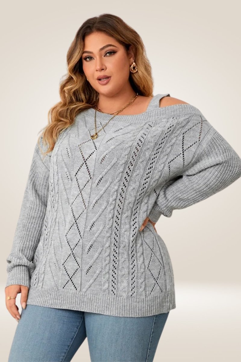 Off The Shoulder Gray Knitted Plus Size Sweater - TGC Boutique - Sweater