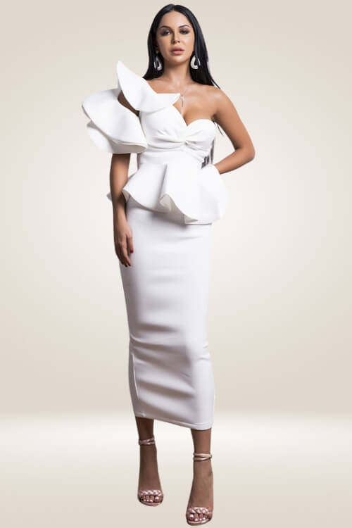 Off The Shoulder Ruffle White Bodycon Midi Dress - TGC Boutique - Bodycon Dress