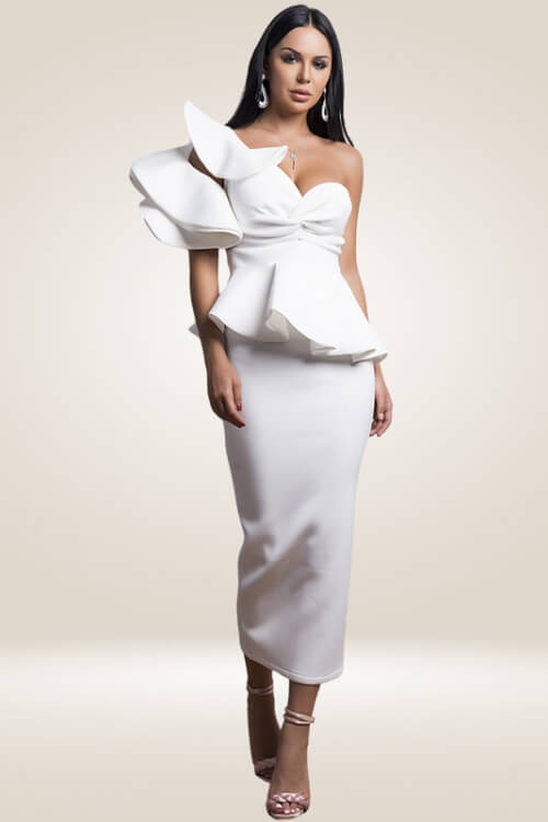 Off The Shoulder Ruffle White Bodycon Midi Dress - TGC Boutique - Bodycon Dress