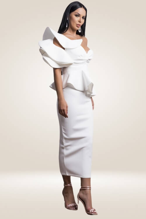 Off The Shoulder Ruffle White Bodycon Midi Dress - TGC Boutique - Bodycon Dress
