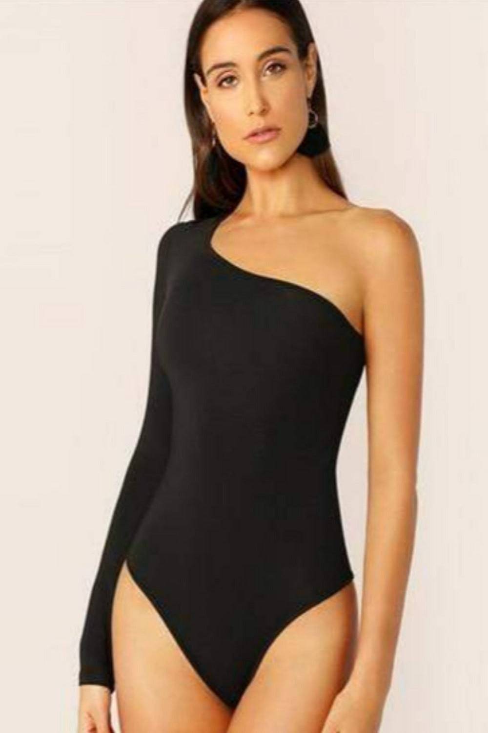 One Shoulder Form Fitting Stretch Bodysuit - Black - TGC Boutique - Black Bodysuit