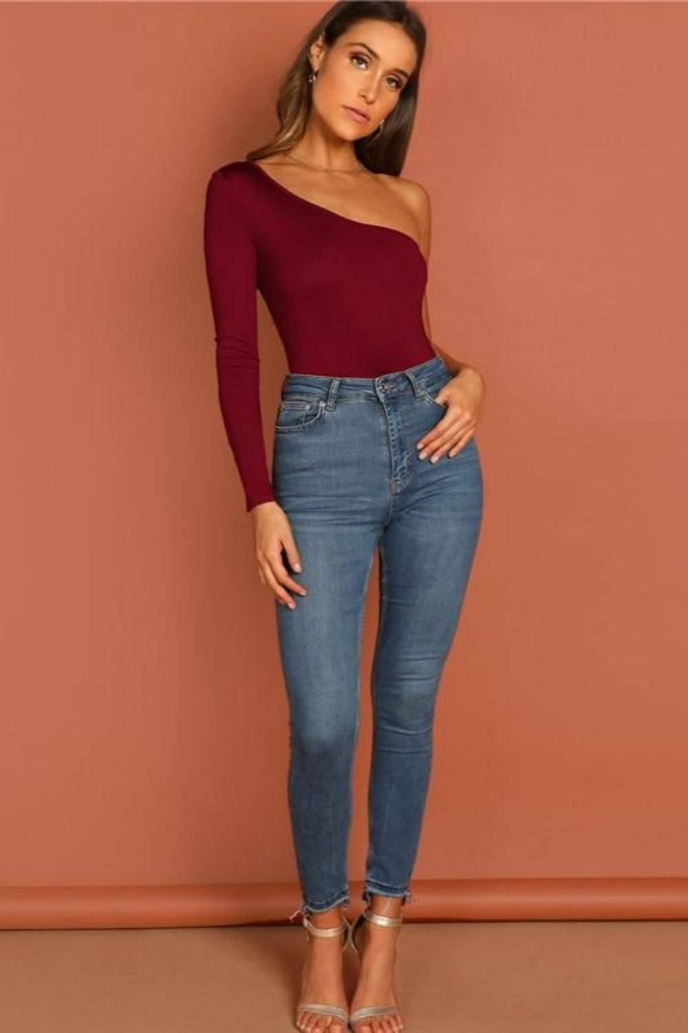 One Shoulder Form Fitting Stretch Bodysuit - Burgundy - TGC Boutique - Bodysuit