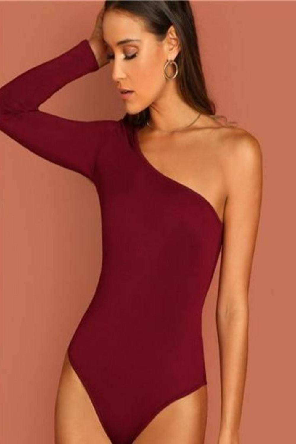 One Shoulder Form Fitting Stretch Bodysuit - Burgundy - TGC Boutique - Bodysuit