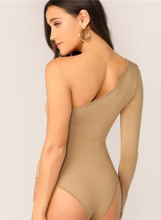 One Shoulder Form Fitting Stretch Bodysuit - Khaki - TGC Boutique - Bodysuit