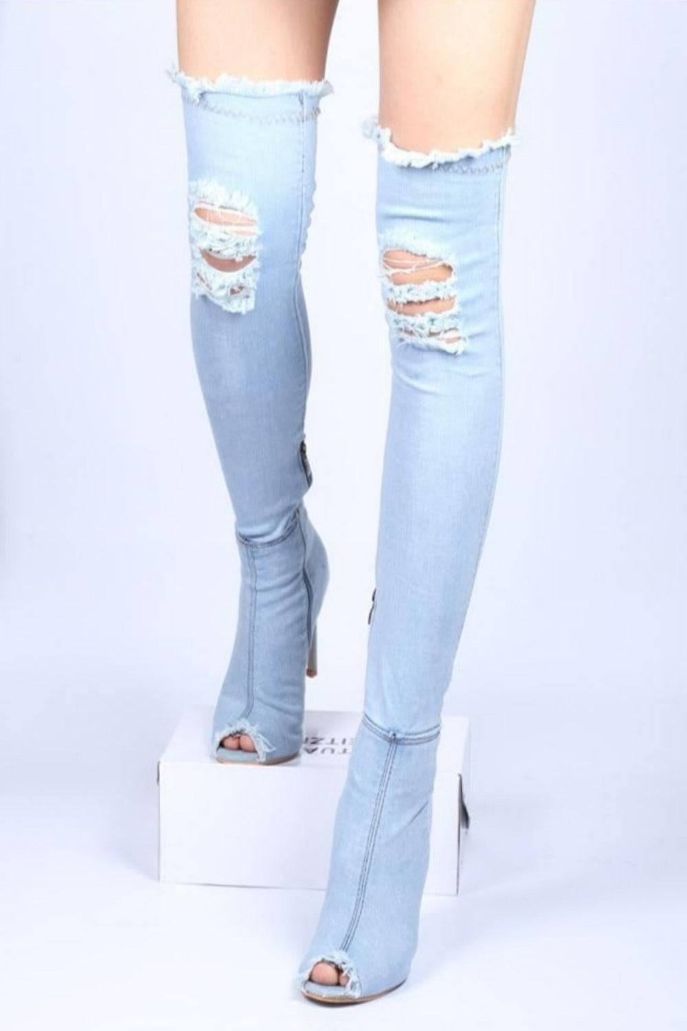 Over The Knee Denim Boots - Sky Blue - TGC Boutique - Blue Boots