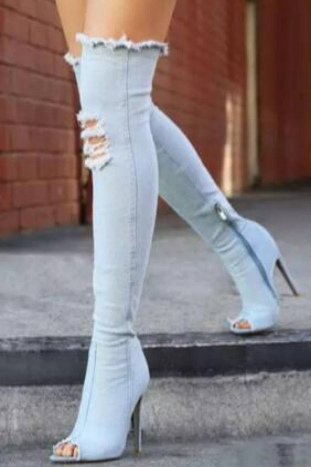 Over The Knee Denim Boots - Sky Blue - TGC Boutique - Blue Boots