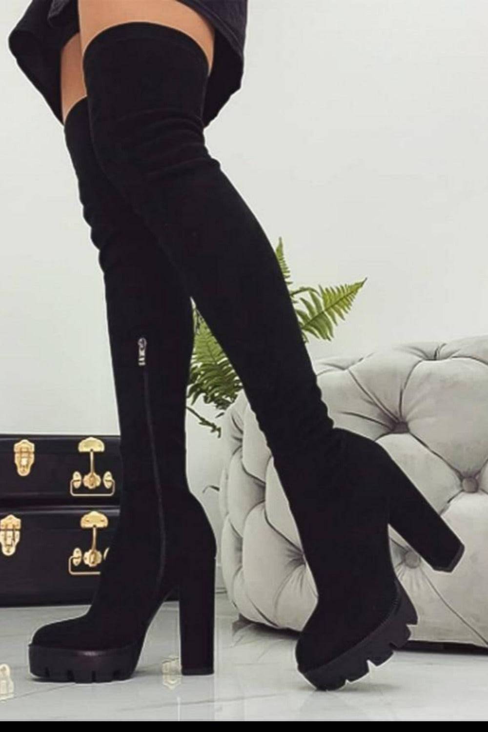 Over The Knee Stretch High Heel Boots - Black - TGC Boutique - Black Boots