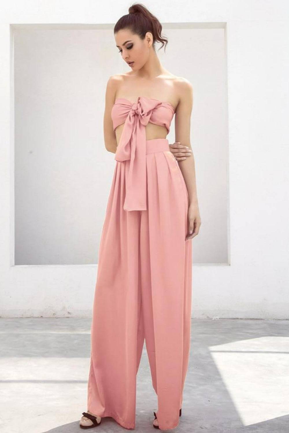 Pale Pink Strapless Tie Front High Waist Wide Leg Jumpsuit Pants Set - TGC Boutique - Top Pants 2 Piece Set