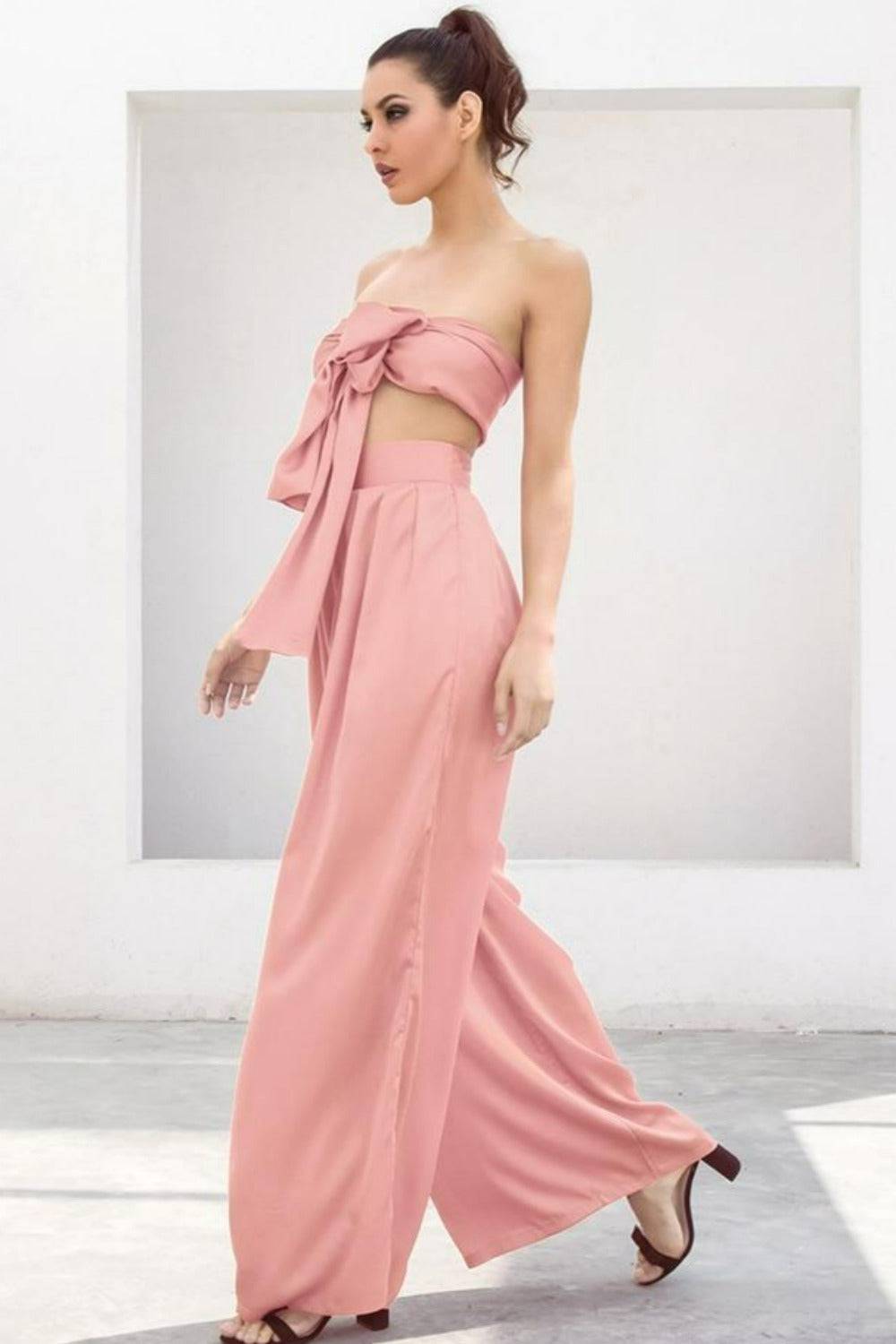 Pale Pink Strapless Tie Front High Waist Wide Leg Jumpsuit Pants Set - TGC Boutique - Top Pants 2 Piece Set