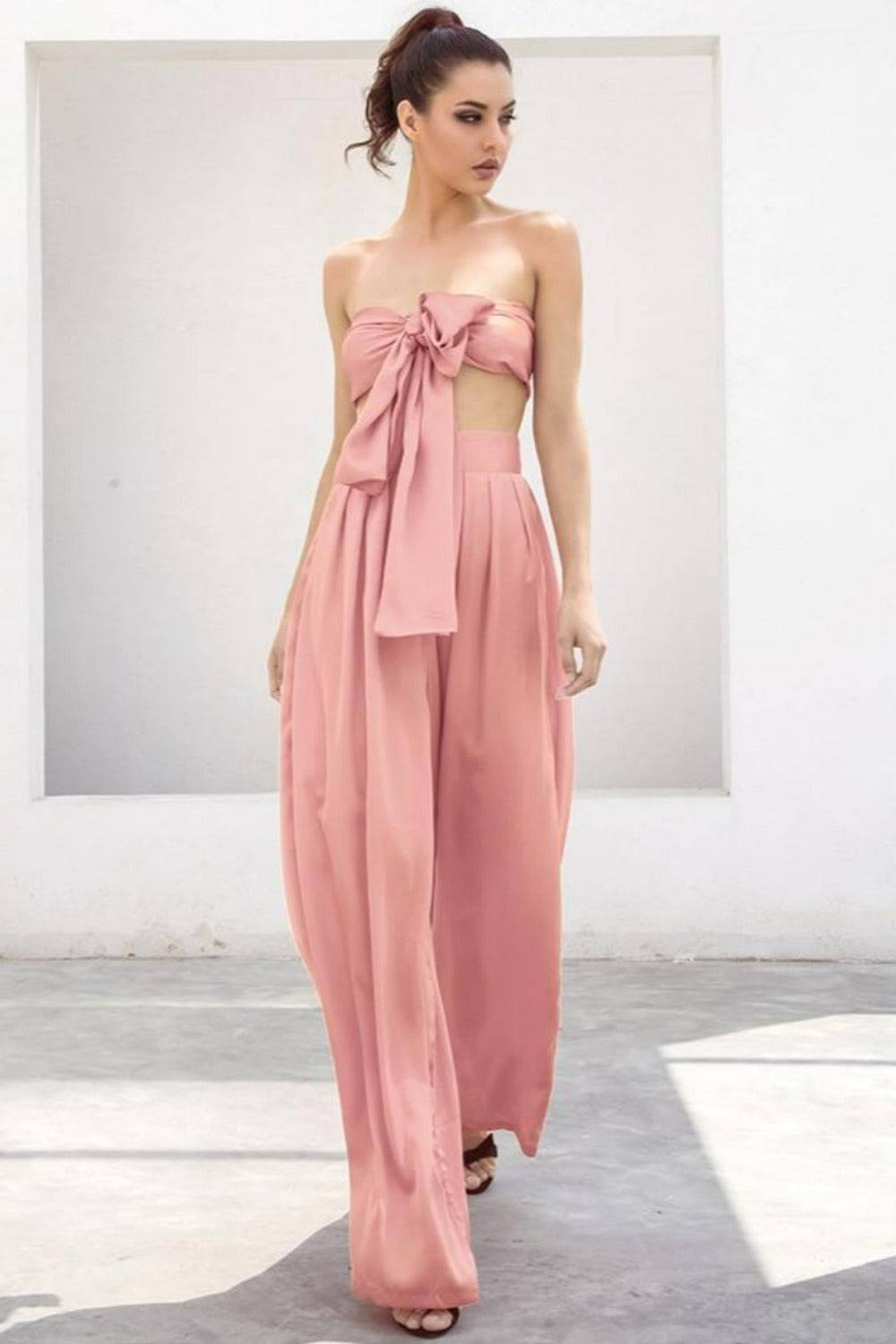 Pale Pink Strapless Tie Front High Waist Wide Leg Jumpsuit Pants Set - TGC Boutique - Top Pants 2 Piece Set