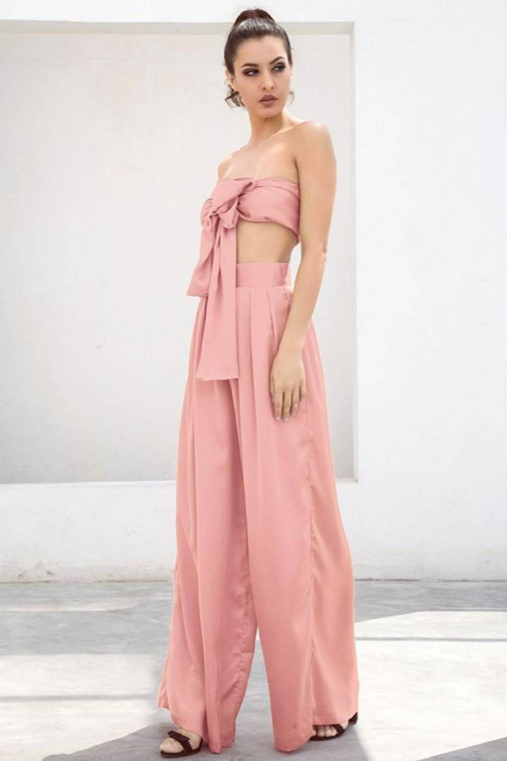 Pale Pink Strapless Tie Front High Waist Wide Leg Jumpsuit Pants Set - TGC Boutique - Top Pants 2 Piece Set