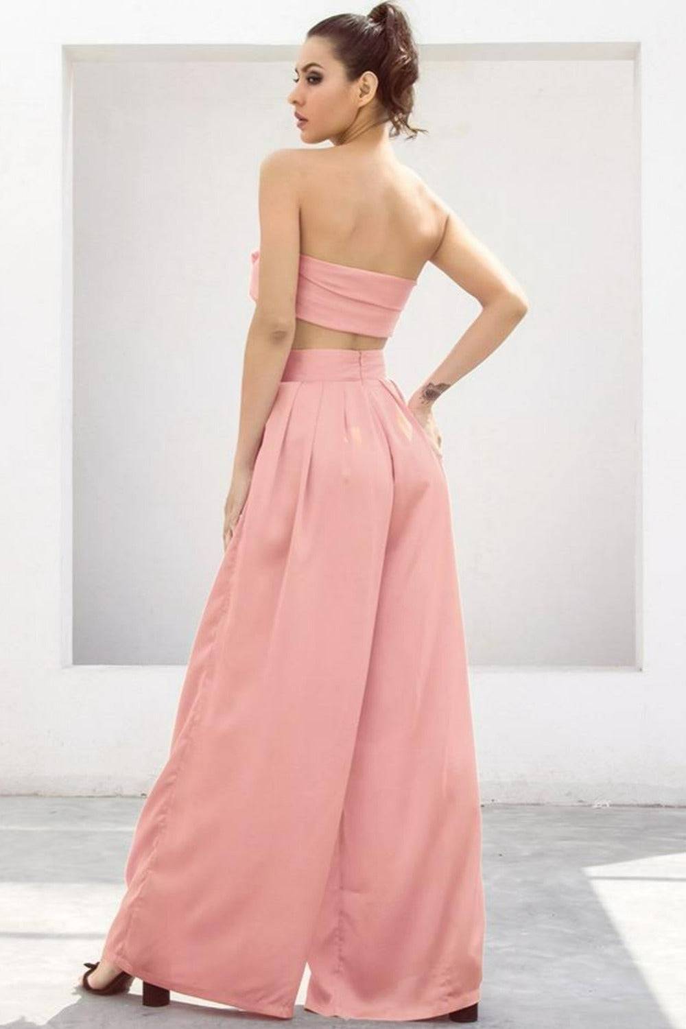 Pale Pink Strapless Tie Front High Waist Wide Leg Jumpsuit Pants Set - TGC Boutique - Top Pants 2 Piece Set