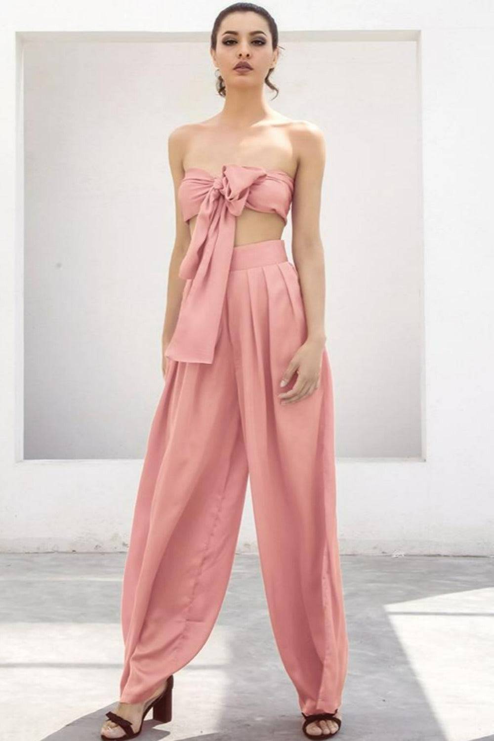 Pale Pink Strapless Tie Front High Waist Wide Leg Jumpsuit Pants Set - TGC Boutique - Top Pants 2 Piece Set