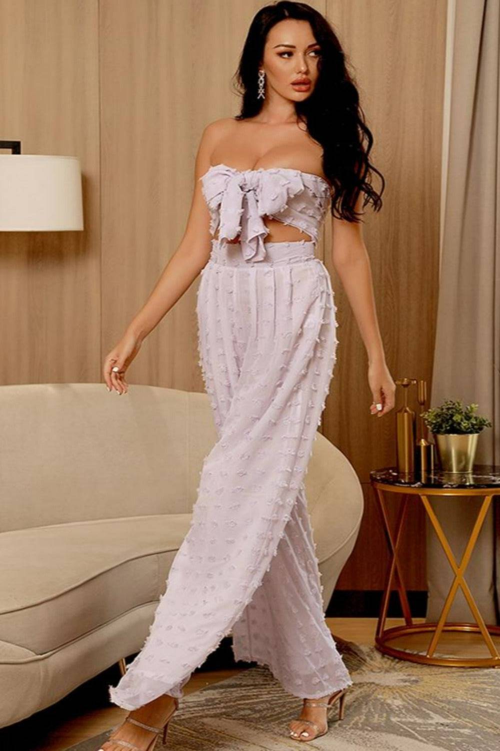 Pale Purple Polka Dot Two-Piece Top Bottom Jumpsuit Set - TGC Boutique - Pink 2 Piece Set