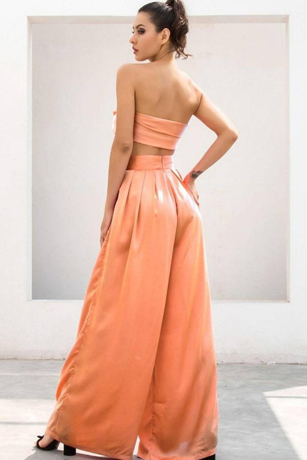 Peach Orange Strapless Tie Front Wide Leg Pants Jumpsuit Set - TGC Boutique - Top Pants 2 Piece Set