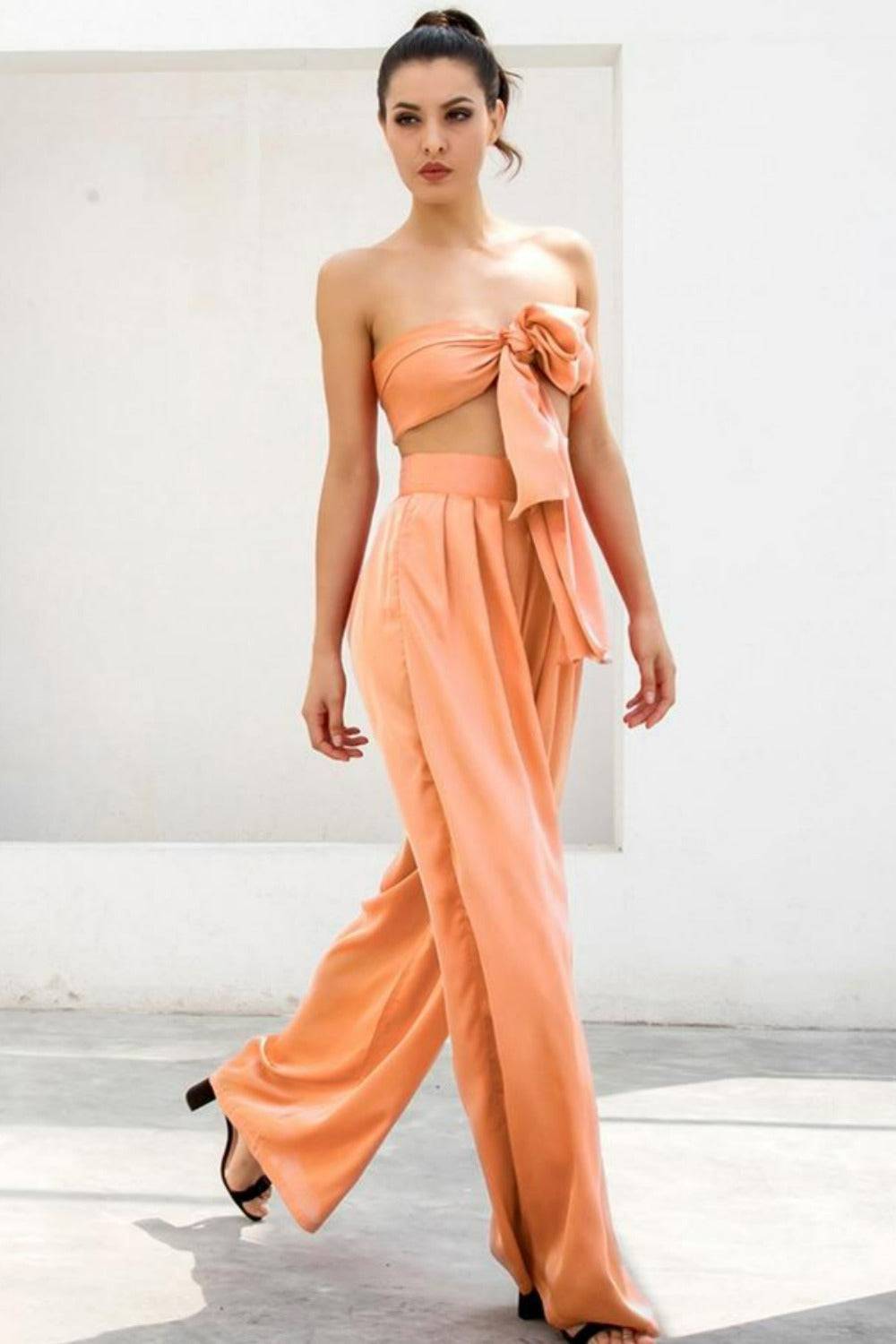 Peach Orange Strapless Tie Front Wide Leg Pants Jumpsuit Set - TGC Boutique - Top Pants 2 Piece Set