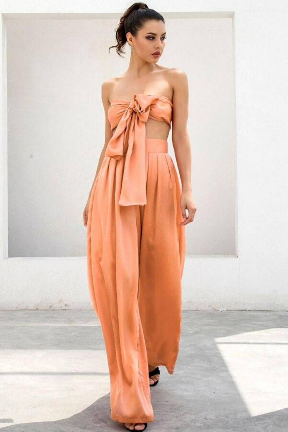 Peach Orange Strapless Tie Front Wide Leg Pants Jumpsuit Set - TGC Boutique - Top Pants 2 Piece Set