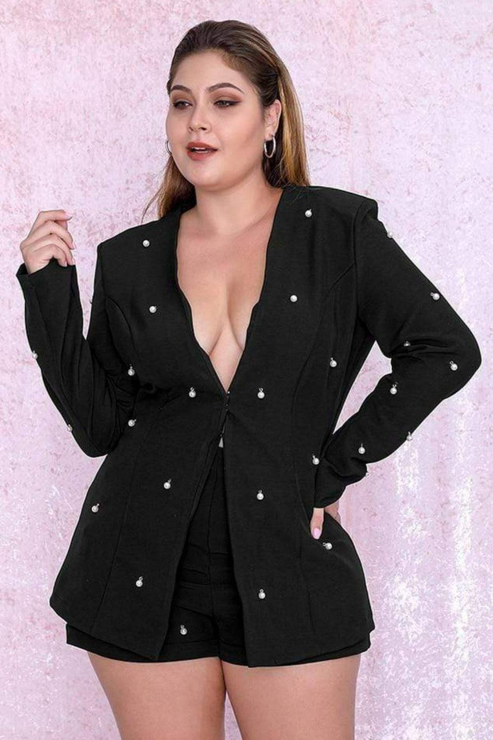 Pearl Long Sleeve Blazer& Short Pants Set - Black - TGC Boutique - 2 Piece Set