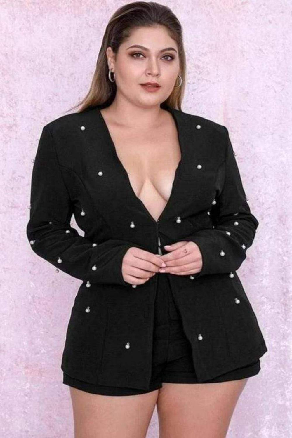 Pearl Long Sleeve Blazer& Short Pants Set - Black - TGC Boutique - 2 Piece Set