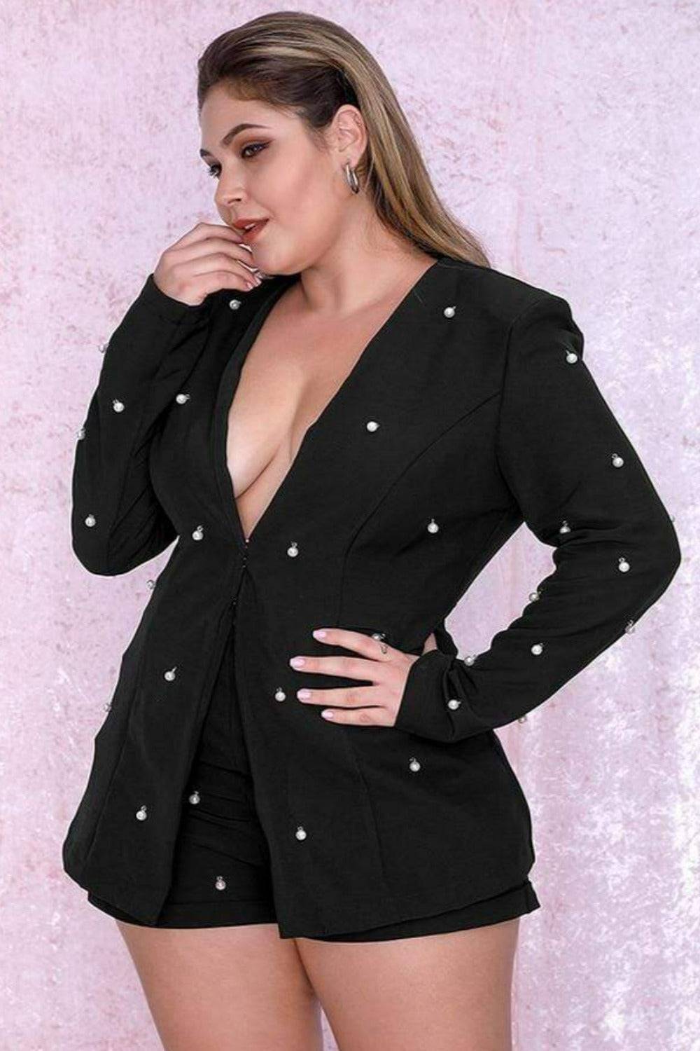 Pearl Long Sleeve Blazer& Short Pants Set - Black - TGC Boutique - 2 Piece Set