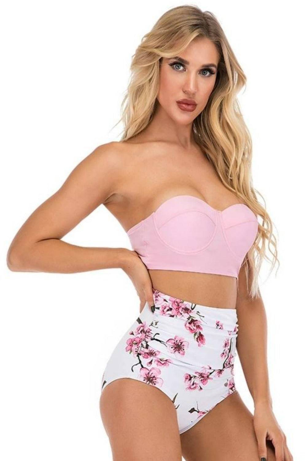 Pink Floral Bikini High Waisted Bustier Bra Two-Piece Swimsuit - TGC Boutique - Swimsuit
