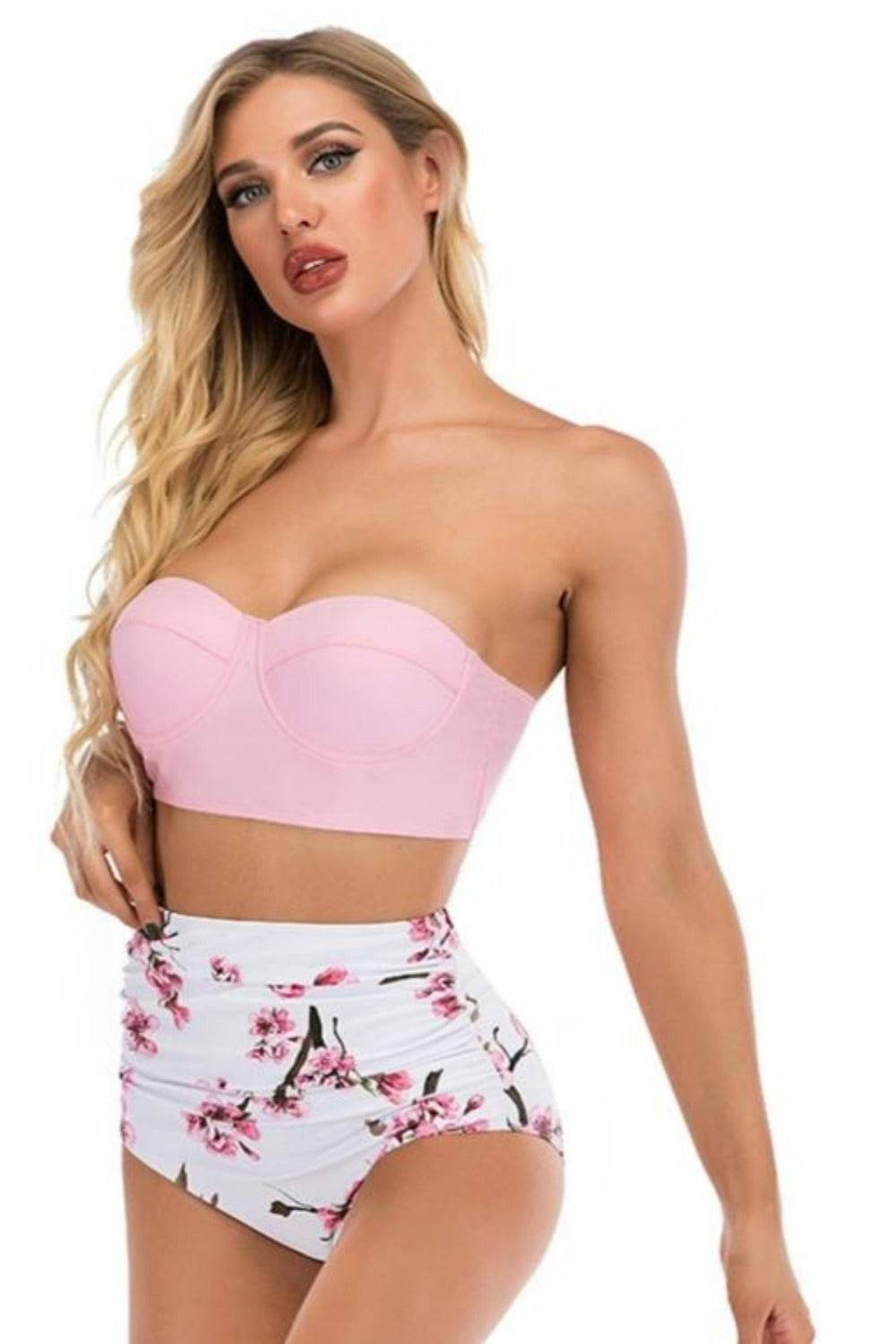 Pink Floral Bikini High Waisted Bustier Bra Two-Piece Swimsuit - TGC Boutique - Swimsuit
