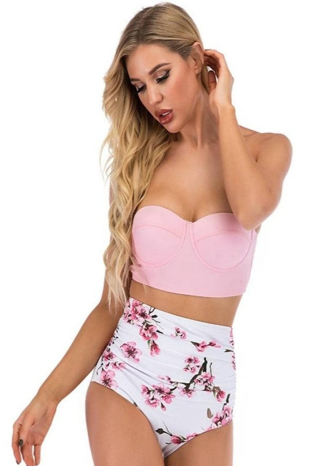 Pink Floral Bikini High Waisted Bustier Bra Two-Piece Swimsuit - TGC Boutique - Swimsuit