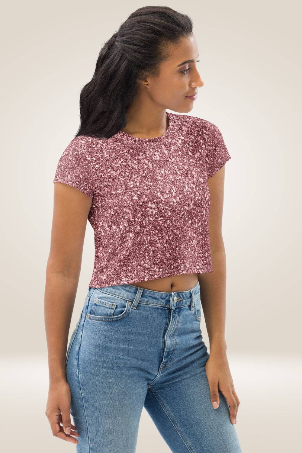 Pink Glitter Print Crop Top T Shirt - TGC Boutique - Crop Top