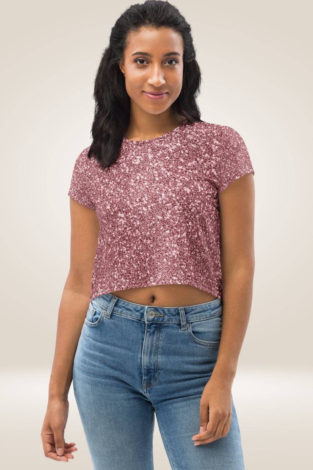 Pink Glitter Print Crop Top T Shirt - TGC Boutique - Crop Top