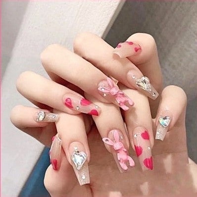 Pink Hearts, Crystals & A Pink Bunny Coffin Tip Press On Nails Kit - TGC Boutique - Press On Nails